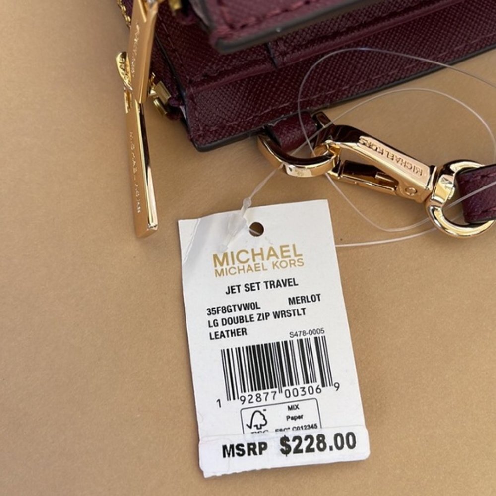 Michael Kors Jet Set Travel Large Double Zip Wristlet Wallet Merlot Leather - Picture 9 of 16